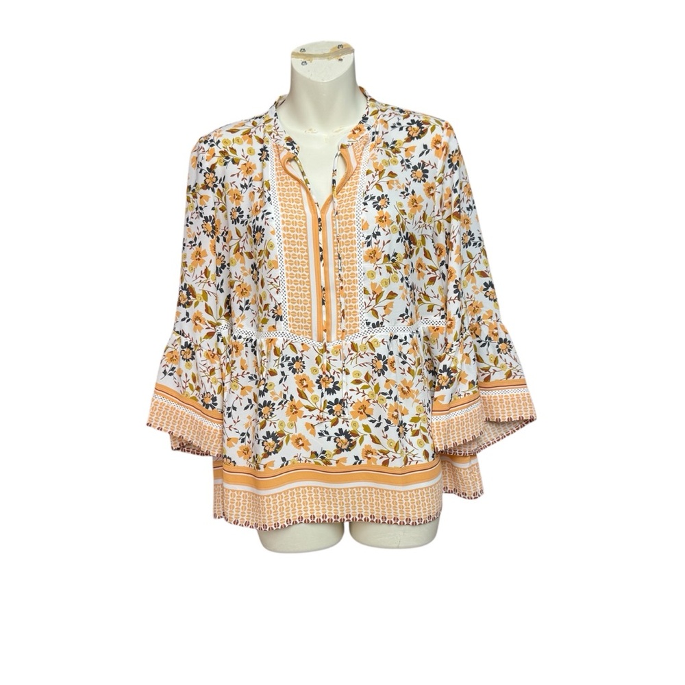 Fever size Small Floral Blouse - Orange and White bell sleeves
